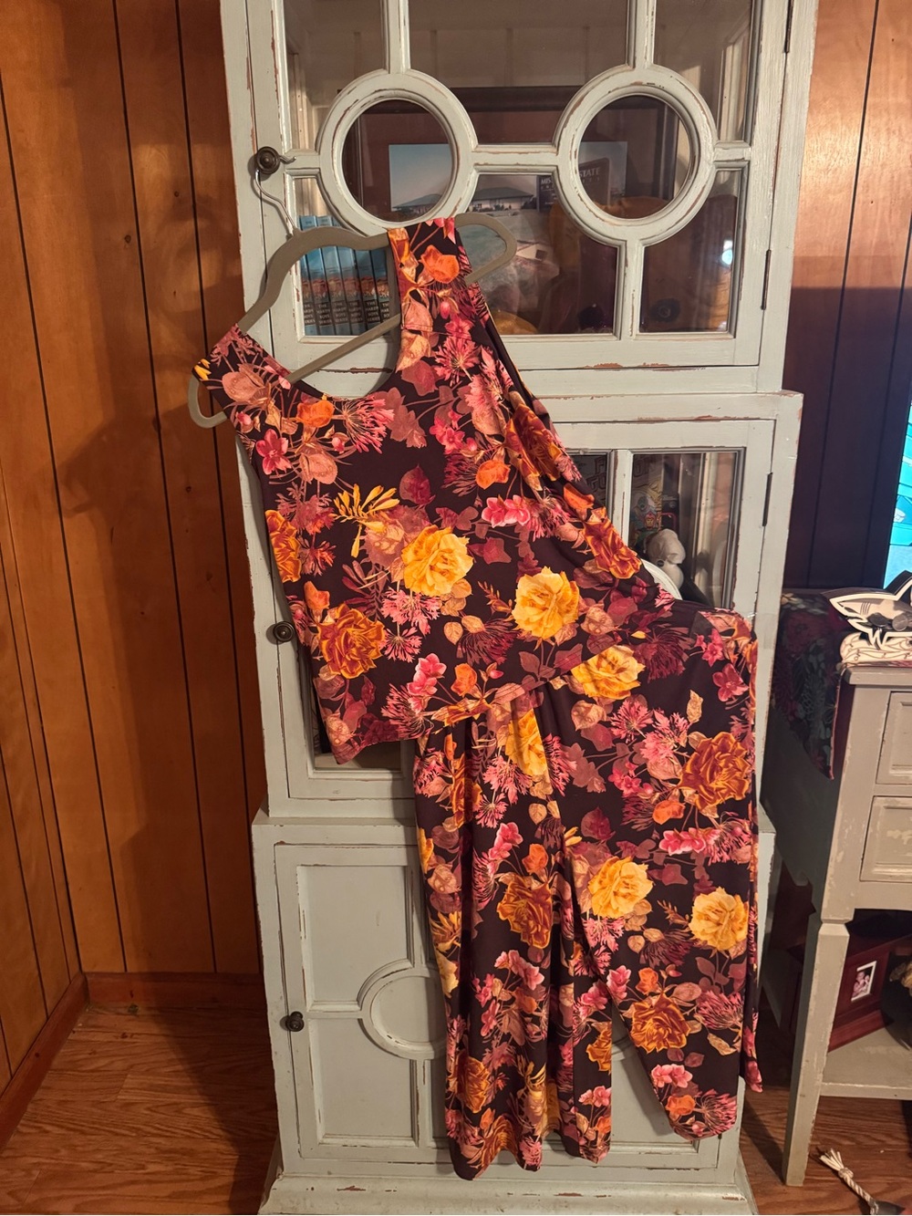 Lemon Burgundy Floral Wide-Leg Jumpsuit with Yellow & Pink Blooms Size M B10